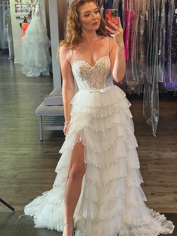 White Blue Floral Sequined Multi Layers Long Prom Dress with Slit, Multi Layers Long Lace Formal Evening Dresses Tunics Lace romantic White Blue Floral Sequined Multi Layers Long Prom Dress with Slit, Multi Layers Long Lace Formal Evening Dresses Tunics Lace romantic