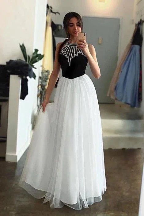 White Tulle Long Prom Dress With Black Top A-line Sleeveless Long Party Dress with Beading OKU25 Tunics Ceremony elegant White Tulle Long Prom Dress With Black Top A-line Sleeveless Long Party Dress with Beading OKU25 Tunics Ceremony elegant