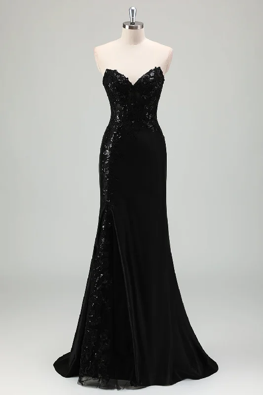 Sparkly Black Mermaid Strapless Corset Appliques Long Prom Dress with Slit Tunics Wedding white Sparkly Black Mermaid Strapless Corset Appliques Long Prom Dress with Slit Tunics Wedding white