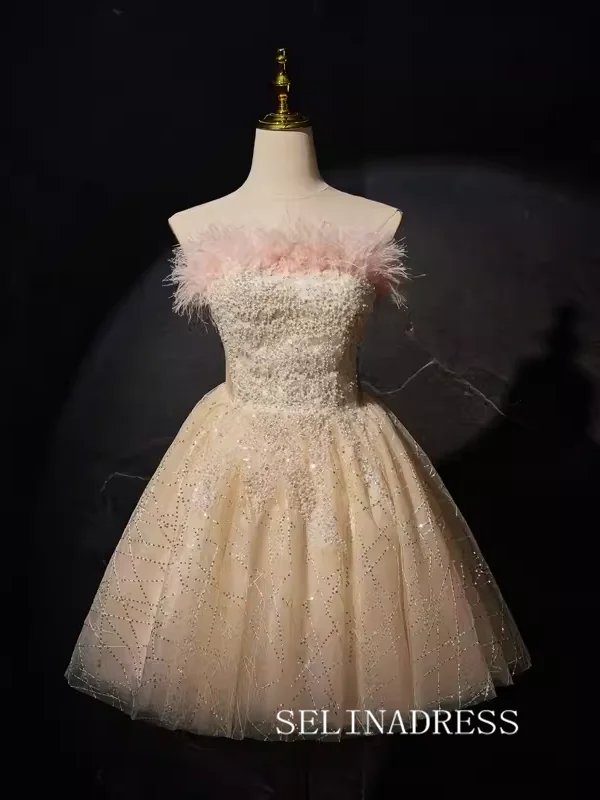 Champagne Beaded Homecoming Dresses Strapless Feather Party Dress #SEW1269 Tunics Plaid country Champagne Beaded Homecoming Dresses Strapless Feather Party Dress #SEW1269 Tunics Plaid country