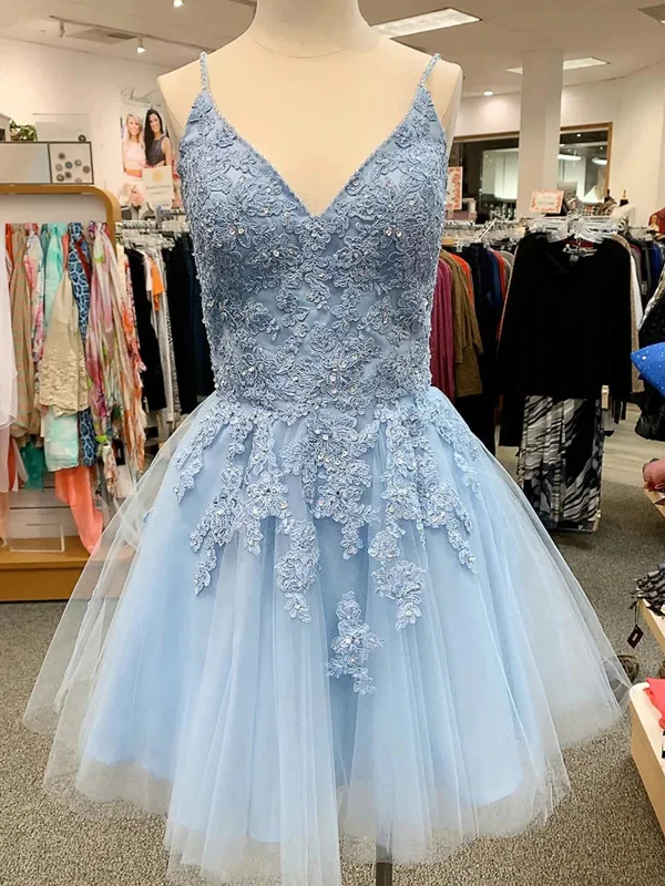 A Line V Neck Short Light Blue Lace Prom Dresses, Short Light Blue Lace Homecoming Dresses Tunics Custom made A Line V Neck Short Light Blue Lace Prom Dresses, Short Light Blue Lace Homecoming Dresses Tunics Custom made