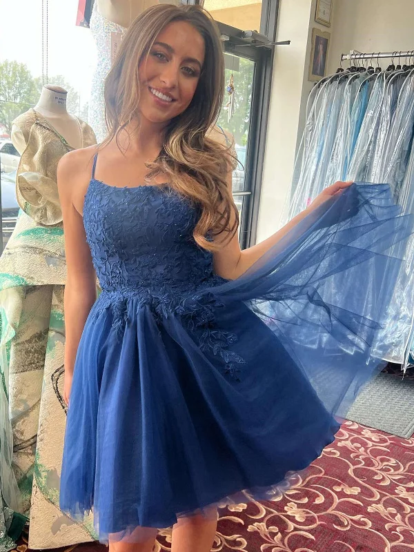 A Line Straps Short Navy Blue Lace Prom Dresses, Short Dark Blue Formal Homecoming Dresses Tunics Prom sequined A Line Straps Short Navy Blue Lace Prom Dresses, Short Dark Blue Formal Homecoming Dresses Tunics Prom sequined