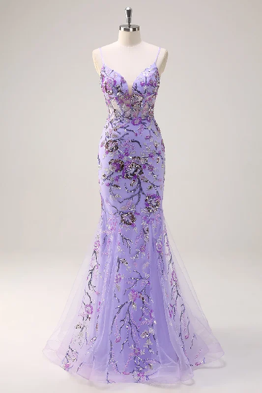 Sparkly Purple Mermaid Spaghetti Straps Corset Long Sequin Prom Dress Boat Neckline Classic Sparkly Purple Mermaid Spaghetti Straps Corset Long Sequin Prom Dress Boat Neckline Classic