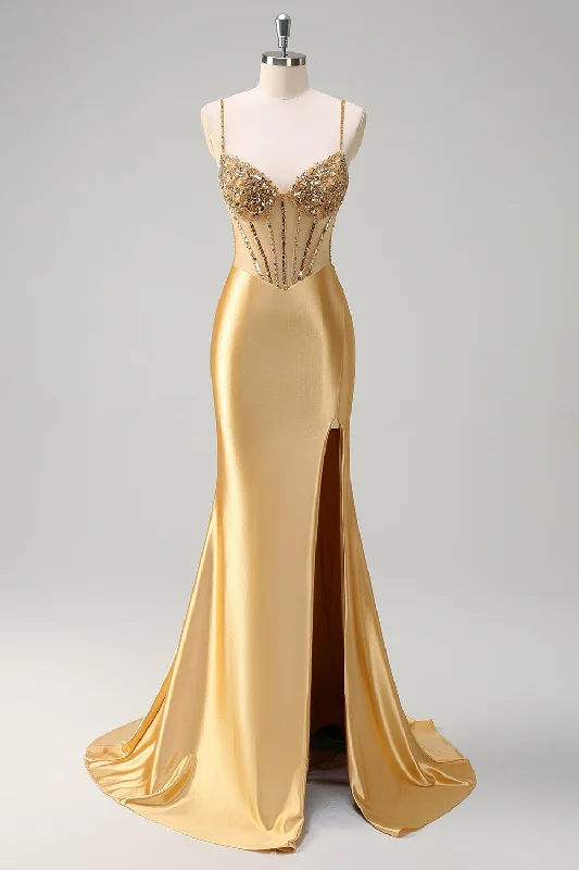 Sparkly Golden Mermaid Spaghetti Straps Corset Long Prom Dress with Slit Turtleneck Neckline Stylish Sparkly Golden Mermaid Spaghetti Straps Corset Long Prom Dress with Slit Turtleneck Neckline Stylish