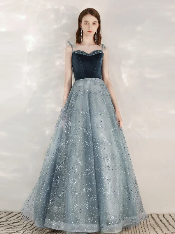 A-Line Sequin Tulle Blue Long Prom Dresses, Tulle Formal Dress with Velvet Tunics Cozy comfortable A-Line Sequin Tulle Blue Long Prom Dresses, Tulle Formal Dress with Velvet Tunics Cozy comfortable