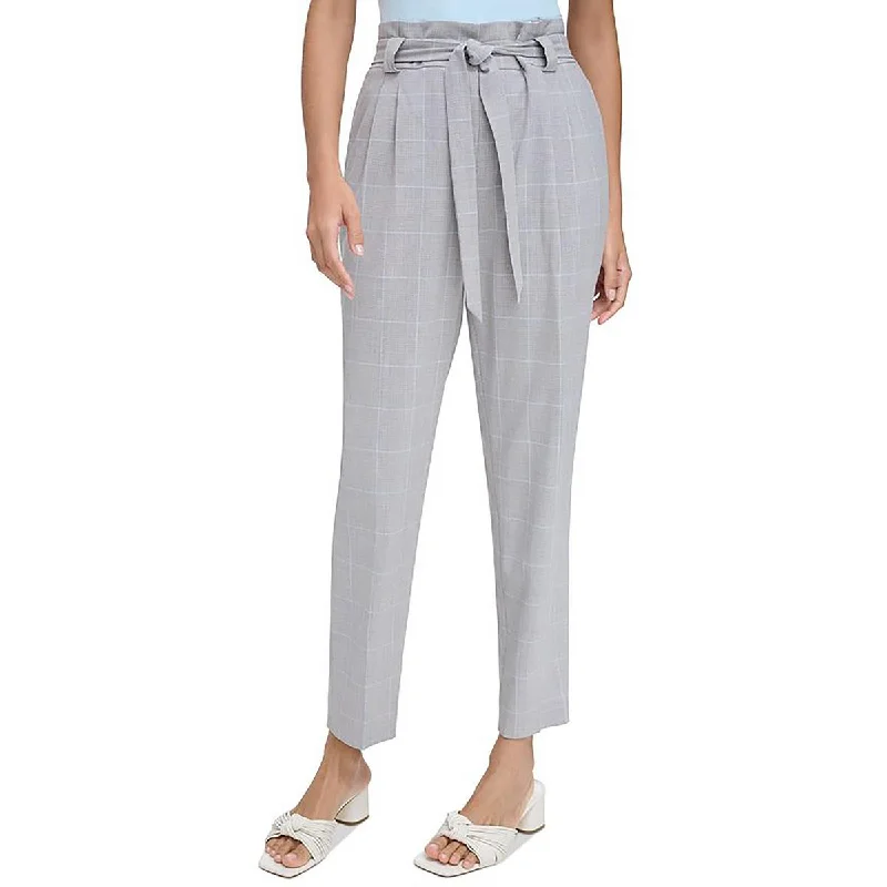 Calvin Klein Womens Glen Plaid Belted Straight Leg Pants Stretch Fit Pants