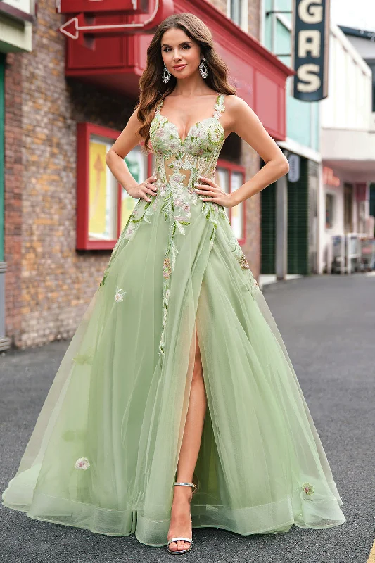 Green A Line Tulle Sequin Applique Corset Long Prom Dress with Slit Off-the-shoulder Chic Trendy Green A Line Tulle Sequin Applique Corset Long Prom Dress with Slit Off-the-shoulder Chic Trendy