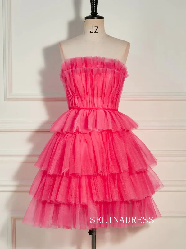 Strapless Ruffles Tiered Tulle Watermelon Homecoming Dress Short Party Dress SEA003 Tunics Velvet soft Strapless Ruffles Tiered Tulle Watermelon Homecoming Dress Short Party Dress SEA003 Tunics Velvet soft