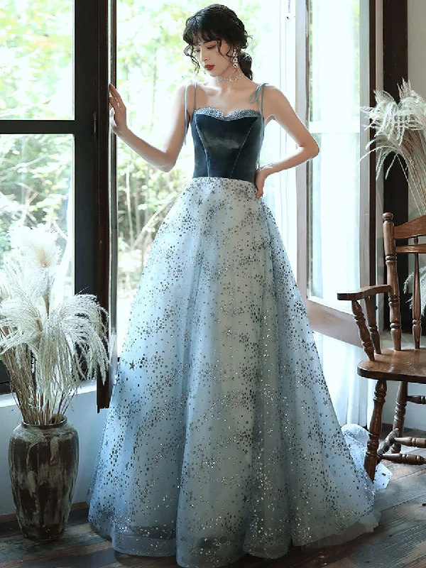 A line Blue Tulle/Velvet Long Prom Dress, Tulle Blue Graduation Dress With Beading Sequin Tunics Modern contemporary A line Blue Tulle/Velvet Long Prom Dress, Tulle Blue Graduation Dress With Beading Sequin Tunics Modern contemporary