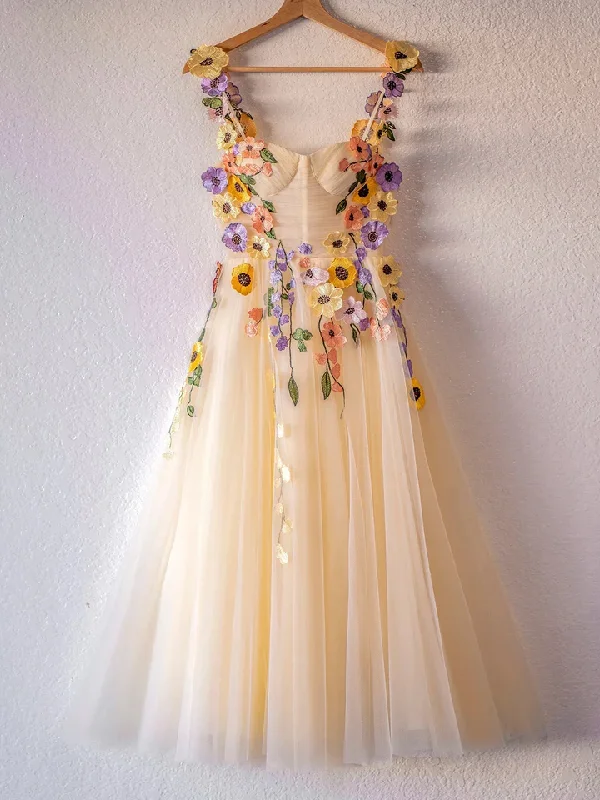 Champagne Corset Floral Tulle Party Dress Cute A-Line Homecoming Dress,DP1733 Tunics Print Colorful