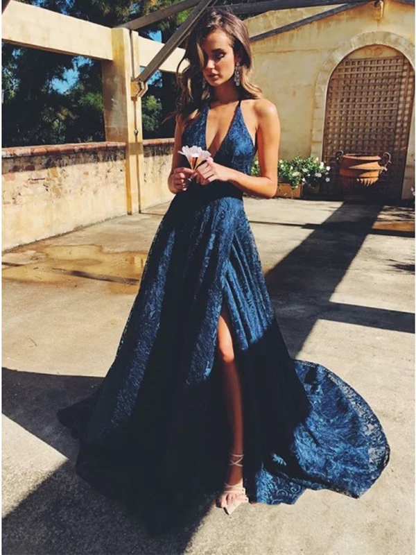 A Line V Neck Dark Navy Blue Lace Prom Dresses, Dark Navy Blue Lace Formal Evening Dresses Tunics Summer linen A Line V Neck Dark Navy Blue Lace Prom Dresses, Dark Navy Blue Lace Formal Evening Dresses Tunics Summer linen