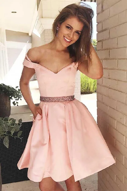 Off the Shoulder Short Pink Party Dress Homecoming Dress with Pockets PD125 Tunics Trendy modern Off the Shoulder Short Pink Party Dress Homecoming Dress with Pockets PD125 Tunics Trendy modern