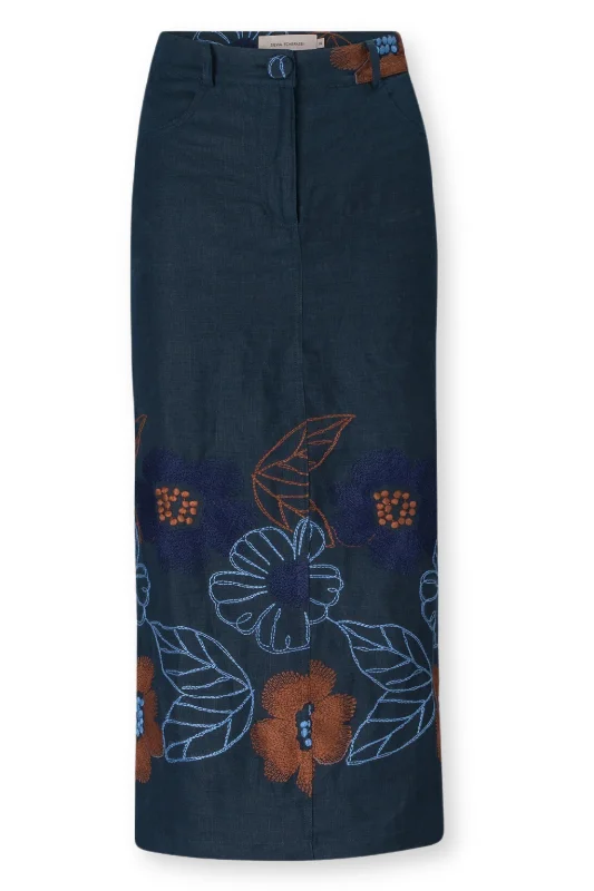 Layan Skirt | Navy Ochre Flower Embroidery velvet skirt plush