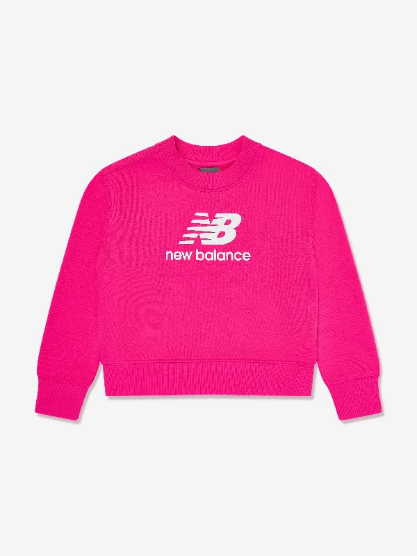 New Balance Girls French Terry Stacked Logo Sweatshirt in Pink Hoodie with Neon Bright Vibrant New Balance Girls French Terry Stacked Logo Sweatshirt in Pink Hoodie with Neon Bright Vibrant