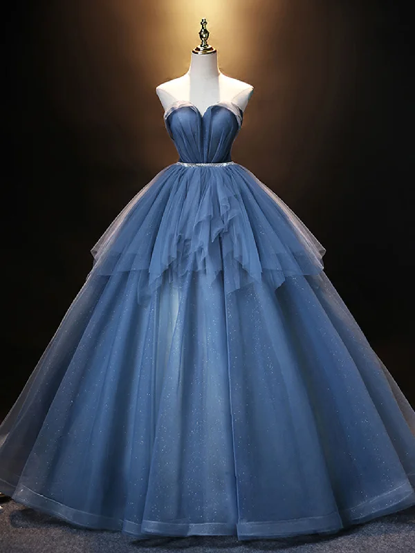 Blue Sweetheart Neck Tulle Long Prom Dress Blue evening dress Casual Short Summer
