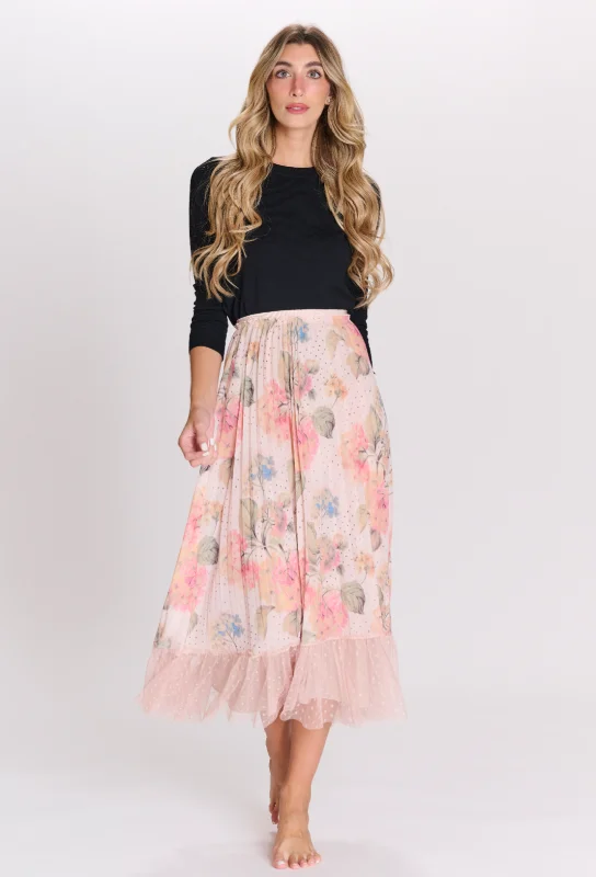 Langdon Pleated Dotted Mesh Border Skirt corduroy skirt cozy
