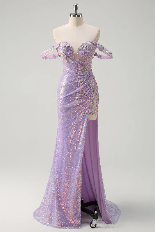 Sparkly Light Purple Mermaid Off The Shoulder Sequin Prom Dress with Slit Tunics Handmade artisanal Sparkly Light Purple Mermaid Off The Shoulder Sequin Prom Dress with Slit Tunics Handmade artisanal