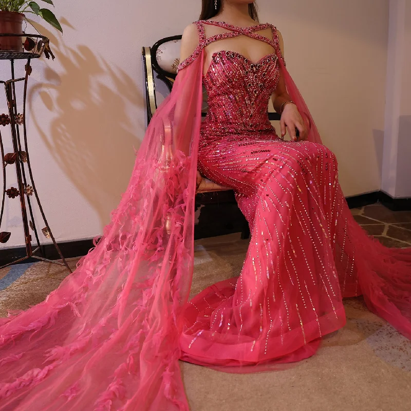 Luxury Fuchsia Mermaid Evening Dress with Cape Sleeves SS468 Tunics Solid Classic