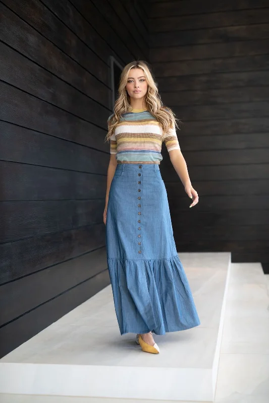 Front Row Denim Button Maxi Skirt leather skirt bold