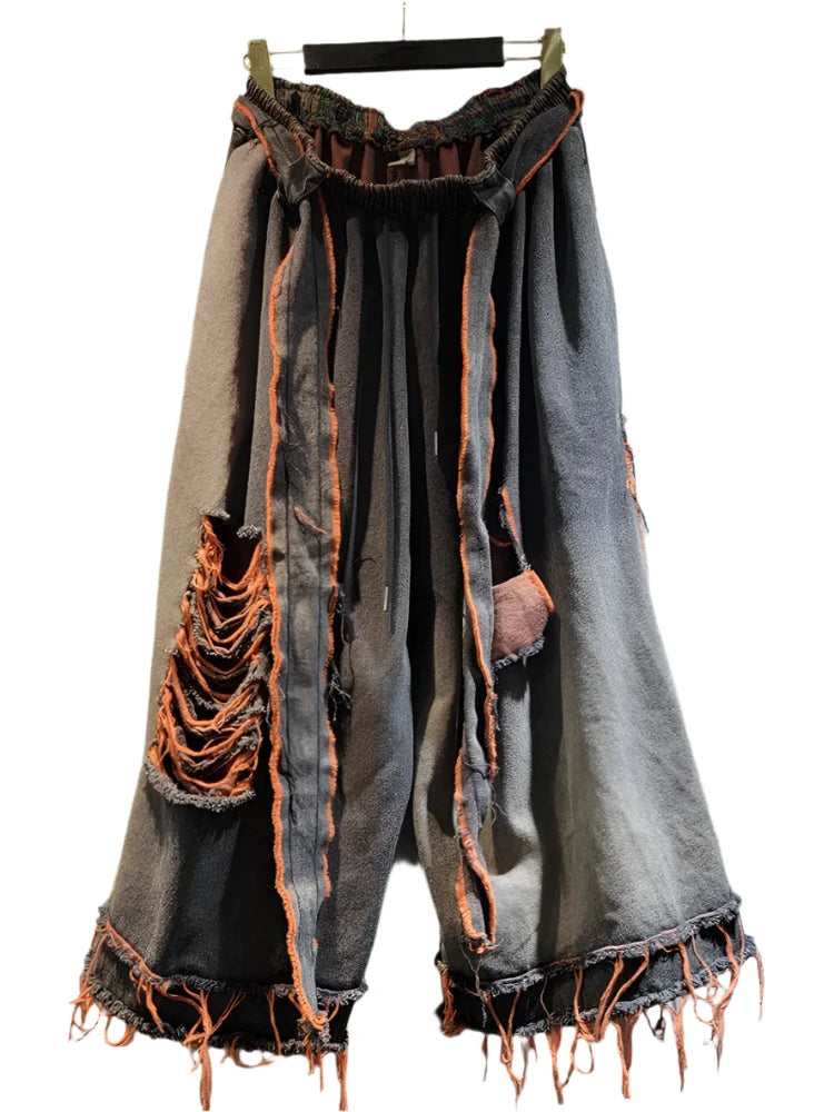 Elastic High Waist Washed Loose Tassel Wide Leg Denim Pants Classic Bootcut Trousers