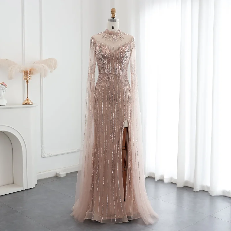Luxury Beaded Nude Mermaid Evening Dress with Cape Sleeve SS170 Maxi Flowy Bohemian