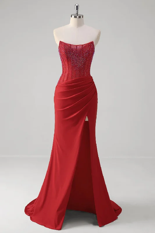 Sparkly Red Mermaid Corset Strapless Long Prom Dress With Slit Tunics Plaid country