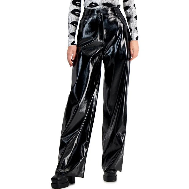 Hugo Womens High Rise Faux eather Wide Leg Pants Elegant Silk Pants