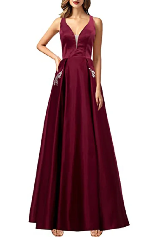 V Neck Prom Dress with Beads Pockets A-line Burgundy Satin Long Party Dress OKY53 Tunics Gym athletic