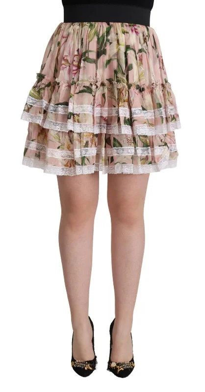 Dolce & Gabbana Elegant Lily Print Tiered A-Line Mini Skirt patchwork skirt art