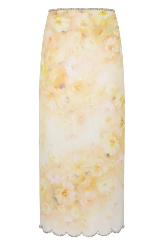 Crush Scalloped Midi Skirt | Yellow Floral zip skirt side