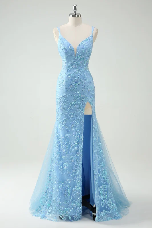 Sky Blue Mermaid Spaghetti Straps Appliqued Long Prom Dress with Slit Tunics Distressed trendy Sky Blue Mermaid Spaghetti Straps Appliqued Long Prom Dress with Slit Tunics Distressed trendy