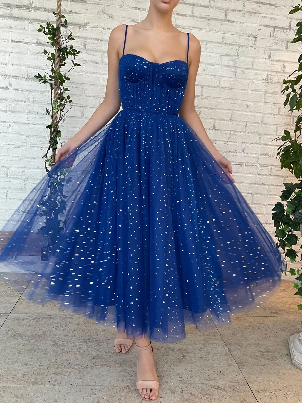 Royal Blue Tea Length Tulle Prom Dresses, Royal Blue Tea Length Formal Evening Dresses Tunics Seasonal trendy Royal Blue Tea Length Tulle Prom Dresses, Royal Blue Tea Length Formal Evening Dresses Tunics Seasonal trendy