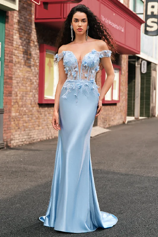 Sky Blue Off The Shoulder Mermaid Corset Floral Long Prom Dress with 3D Flowers Tunics Trendy modern Sky Blue Off The Shoulder Mermaid Corset Floral Long Prom Dress with 3D Flowers Tunics Trendy modern