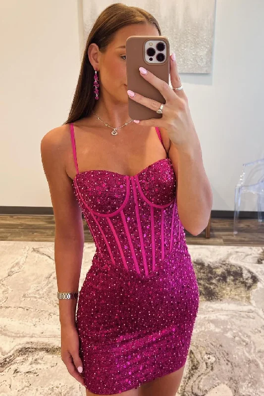 Fuchsia Sequin Tight Mini Party Dress Satin Halter Glamorous