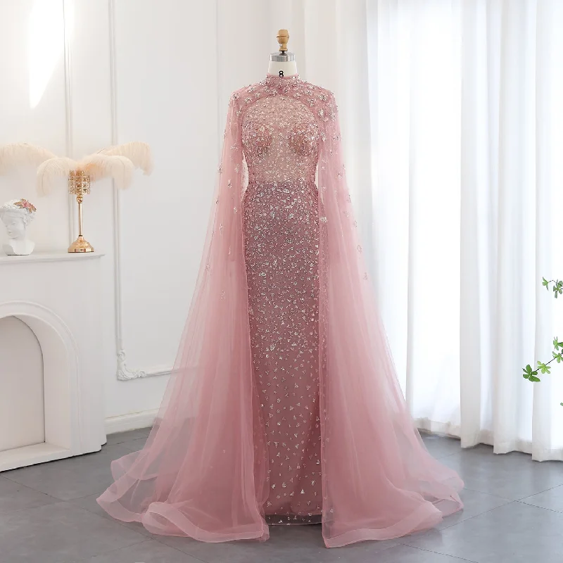 Luxury Pink Long Sleeves Evening Dress with Cape SS202 Tunics Trousers formal