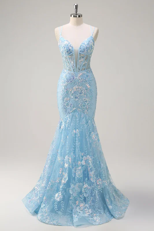 Sparkly Blue Mermaid Spaghetti Straps Sequin Corset Long Prom Dress with Embroidery Tunics Trendy modern Sparkly Blue Mermaid Spaghetti Straps Sequin Corset Long Prom Dress with Embroidery Tunics Trendy modern