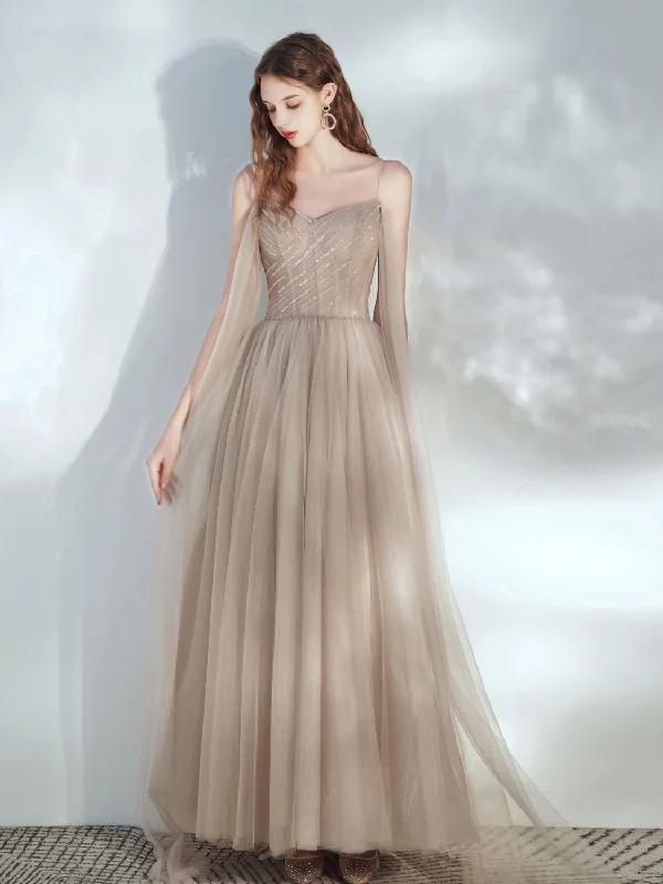 A-Line Tulle Champagne Long Prom Dress, Champagne Formal Dresses Tunics Denim casual A-Line Tulle Champagne Long Prom Dress, Champagne Formal Dresses Tunics Denim casual