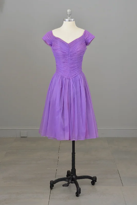 1960s 70s Vibrant Purple Ruched Party Dress Tunics Spring floral