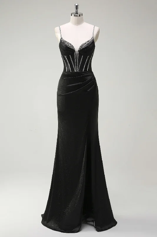Black Mermaid Spaghetti Straps Corset Long Prom Dress With Slit Tunics Designer luxury Black Mermaid Spaghetti Straps Corset Long Prom Dress With Slit Tunics Designer luxury