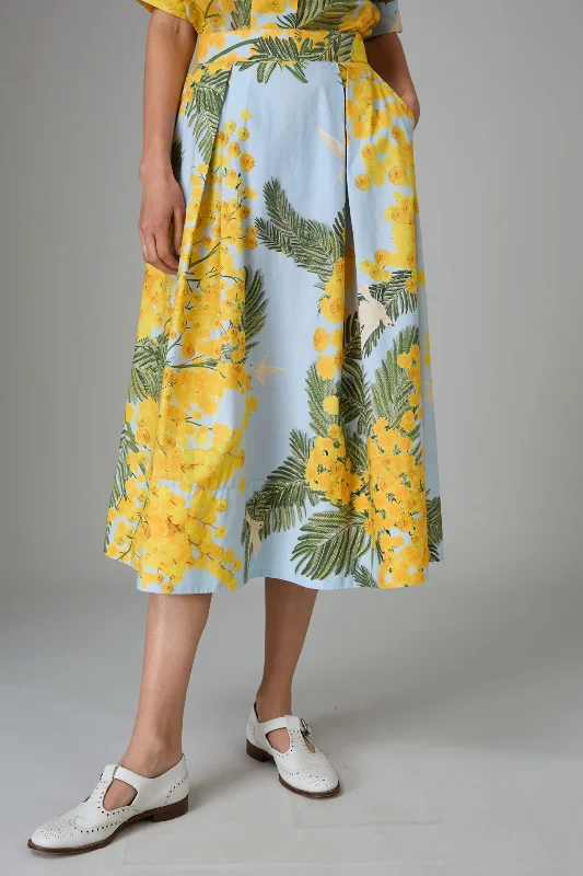 Wynona Poplin Garden of Eden Print Skirt | Yellow / Storm Blue belted skirt waist