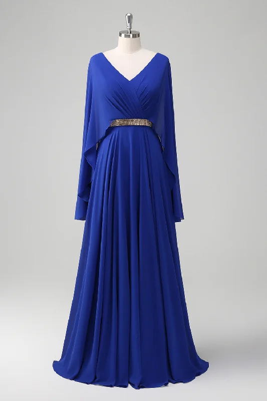 Royal Blue A Line V-neck Chiffon Long Mother Dress with Belt Tunics Lace romantic
