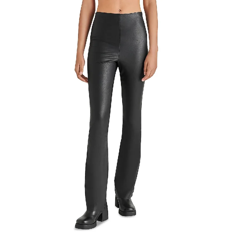 Steve Madden Womens Citrine Faux Leather Mid-Rise Flared Pants Modern Stretch Trousers