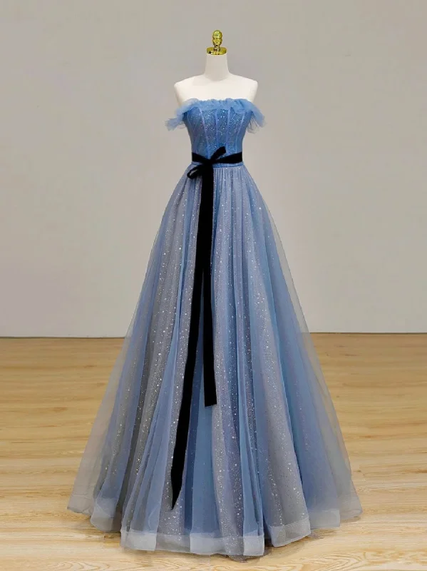 A-Line Blue Long Prom Dress, Tulle Sequin Long Blue Formal Evening Dress Tunics Business professional