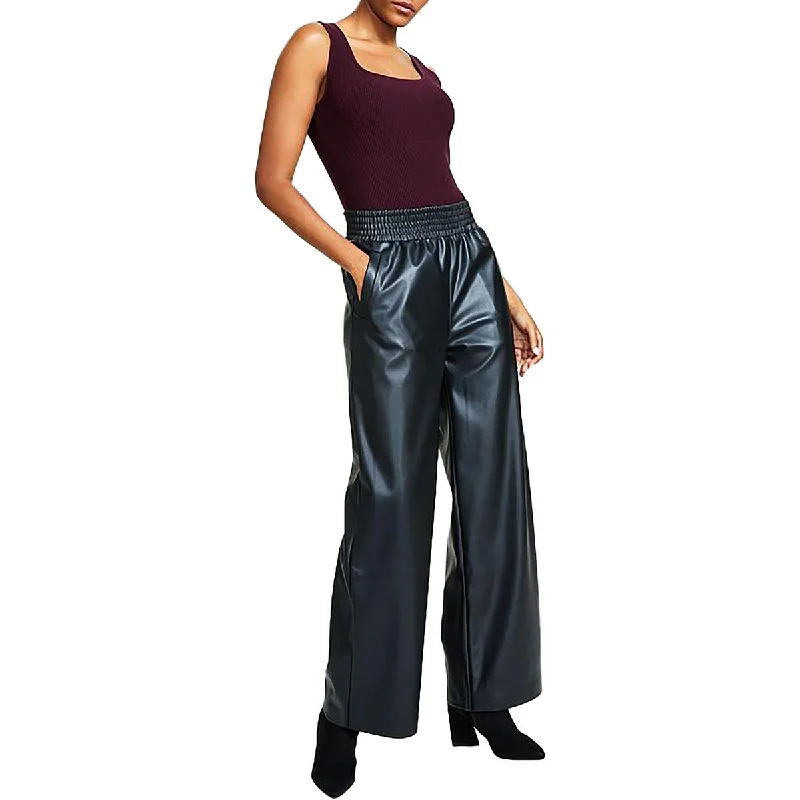 Bar III Womens Petites Stretch Faux Leather Wide Leg Pants Elegant High-Waist Pants