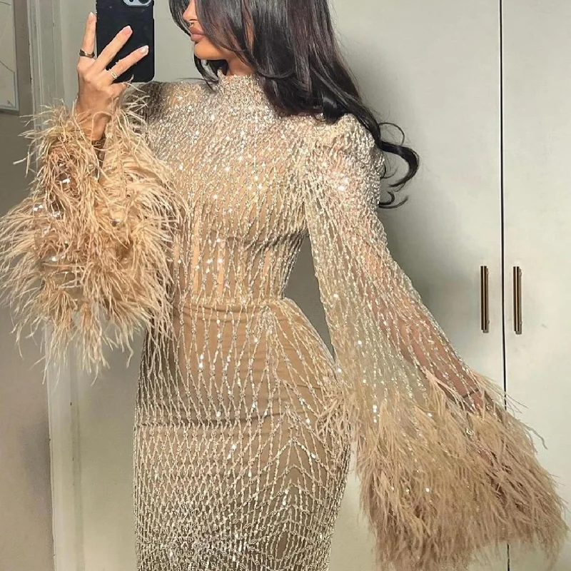 Luxury Feathers Nude Long Sleeves Evening Dress SS227 Tunics Gym athletic