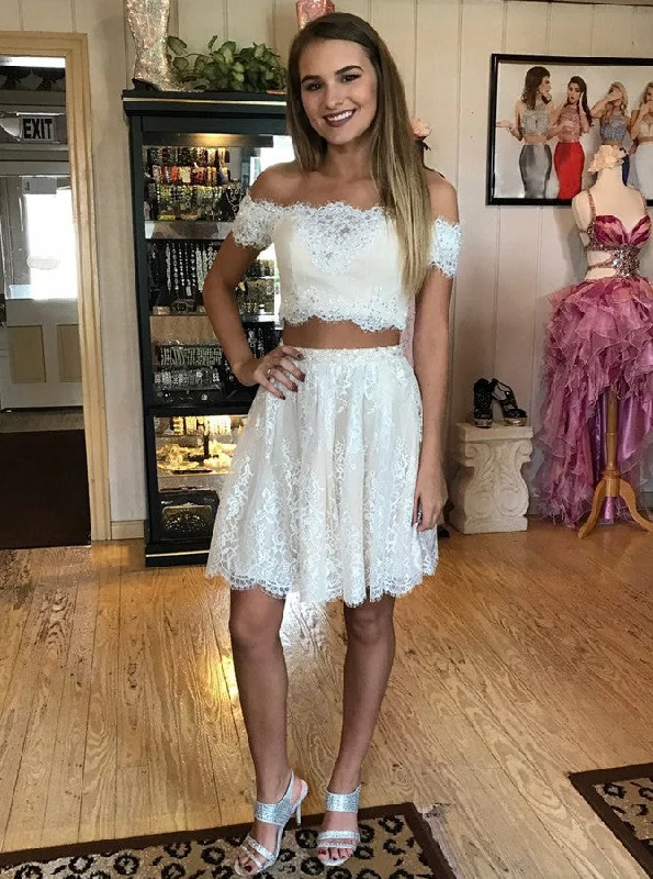 Off the Shoulder Two Piece Lace Short Sleeves Prom Dress Cocktail Party Dress OC105 Tunics Wedding white Off the Shoulder Two Piece Lace Short Sleeves Prom Dress Cocktail Party Dress OC105 Tunics Wedding white