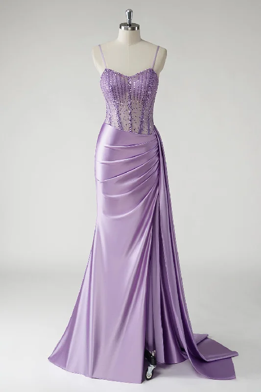 Sparkly Purple Corset Satin Side Cape Long Prom Dress with Slit Turtleneck Neckline Stylish Sparkly Purple Corset Satin Side Cape Long Prom Dress with Slit Turtleneck Neckline Stylish