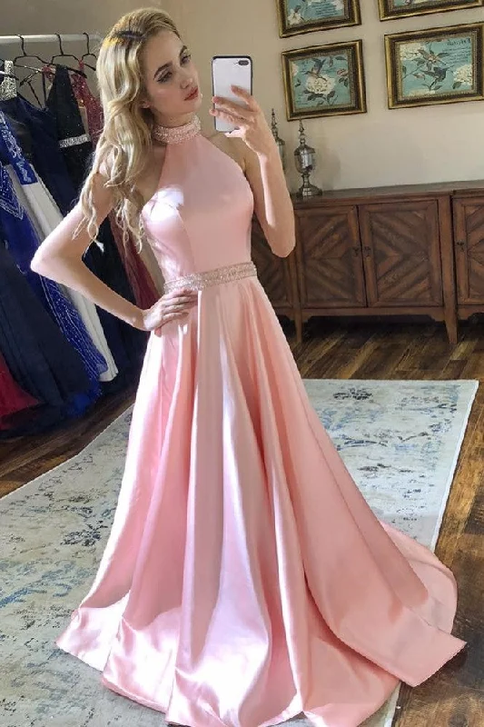 Pink Satin Prom Party Dresses with Beaded Halter Neckline Pleated Skirt Elegant