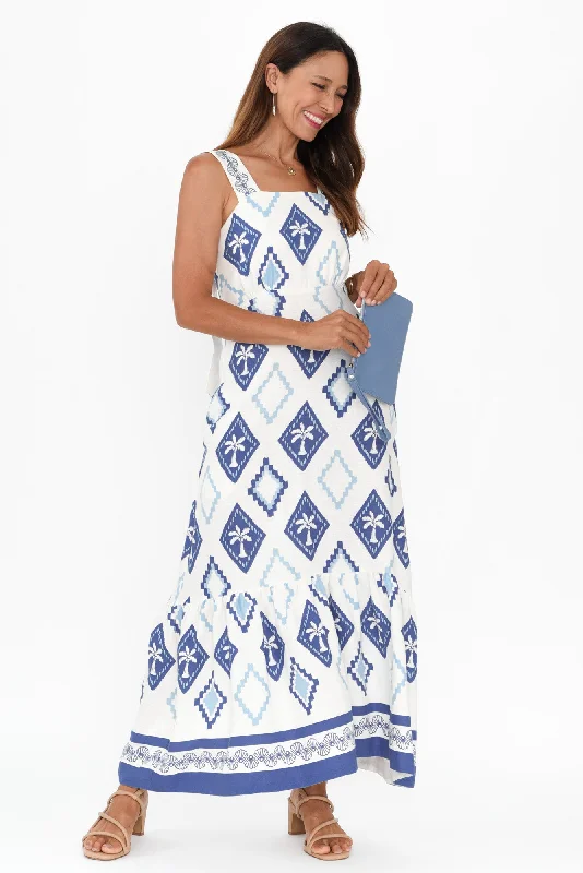 Bateau Blue Palm Linen Dress Tunics Versatile functional