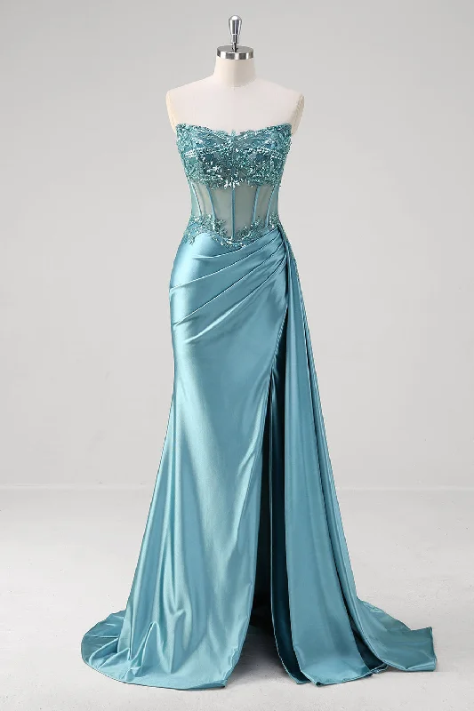 Grey Blue Mermaid Strapless Corset Sequined Satin Prom Dress Tunics Business professional